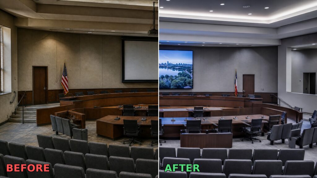Side-by-side comparison of a municipal council chamber before and after a professional AV system upgrade, showing old projector and screen versus modern LED display wall