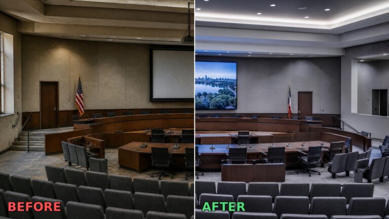 Side-by-side comparison of a municipal council chamber before and after a professional AV system upgrade, showing old projector and screen versus modern LED display wall